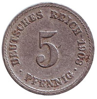 Монета 5 пфеннигов. 1908 год (F), Германская империя. Монета 5 пфеннигов. 1908 год (F), Германская империя.