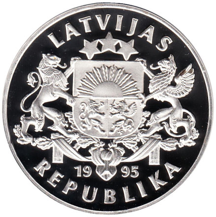 Монета 1 лат. 1995 год, Латвия. 50 лет ООН.