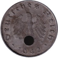 Монета 10 рейхспфеннигов. 1942 год, Германия (Третий Рейх). (B). Монета 10 рейхспфеннигов. 1942 год, Германия (Третий Рейх). (B).