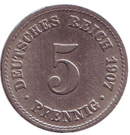 Монета 5 пфеннигов. 1907 год (A), Германская империя. Монета 5 пфеннигов. 1907 год (A), Германская империя.