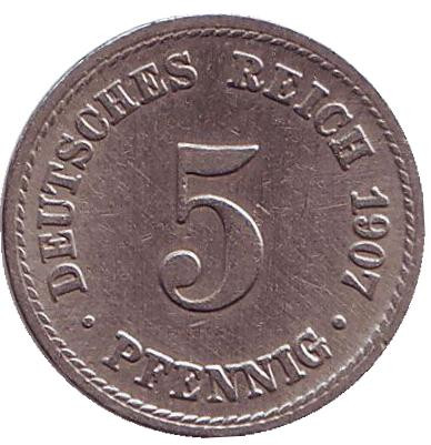 Монета 5 пфеннигов. 1907 год (A), Германская империя.
