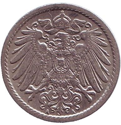 Монета 5 пфеннигов. 1907 год (A), Германская империя. Монета 5 пфеннигов. 1907 год (A), Германская империя.