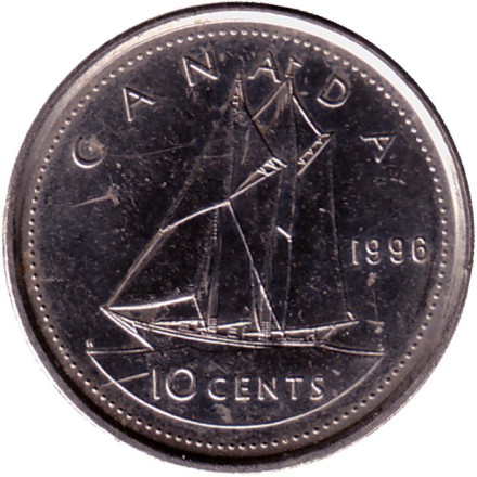 Монета 10 центов. 1996 год, Канада. Парусник.