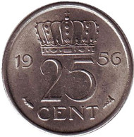 Монета 25 центов. 1956 год, Нидерланды.