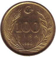 Монета 100 лир. 1990 год, Турция. Монета 100 лир. 1990 год, Турция.