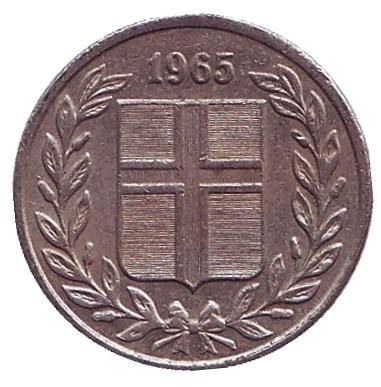 Монета 25 аураров. 1965 год, Исландия. Монета 25 аураров. 1965 год, Исландия.