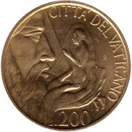 Монета 200 лир. 1988 год, Ватикан. Сотворение Адама. Монета 200 лир. 1988 год, Ватикан. Сотворение Адама.