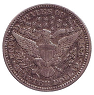 Монета 25 центов. 1905 год, США. (Отметка монетного двора: "S") "Четверть доллара Барбера". Монета 25 центов. 1905 год, США. (Отметка монетного двора: "S") "Четверть доллара Барбера".