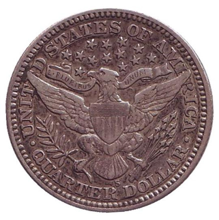 Монета 25 центов. 1905 год, США. (Отметка монетного двора: "S") "Четверть доллара Барбера".