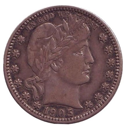Монета 25 центов. 1905 год, США. (Отметка монетного двора: "S") "Четверть доллара Барбера". Монета 25 центов. 1905 год, США. (Отметка монетного двора: "S") "Четверть доллара Барбера".