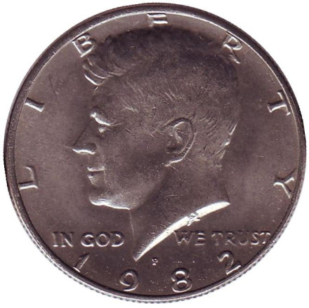 Монета 50 центов. 1982 год (P), США. Из обращения. Джон Кеннеди.