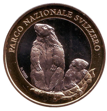 Монета 10 франков. 2010 год, Швейцария. Альпийский сурок. Швейцарский национальный парк.