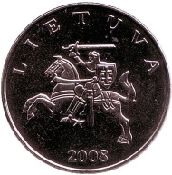 Монета 1 лит. 2008 год, Литва. UNC. Рыцарь.