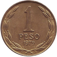 Монета 1 песо. 1979 год, Чили. Бернардо О’Хиггинс. Монета 1 песо. 1979 год, Чили. Бернардо О’Хиггинс.
