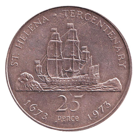 Монета 25 пенсов. 1973 год, Остров Святой Елены. 300 лет открытию Святой Елены. Парусник.