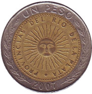 Монета 1 песо. 2007 год, Аргентина. Монета 1 песо. 2007 год, Аргентина.