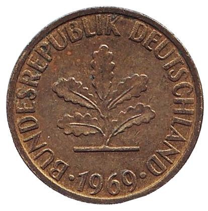 Монета 5 пфеннигов. 1969 год (D), ФРГ. Дубовые листья. Монета 5 пфеннигов. 1969 год (D), ФРГ. Дубовые листья.