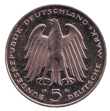 Монета 5 марок. 1981 год, ФРГ. 150 лет со дня смерти Карла фом Штейна.