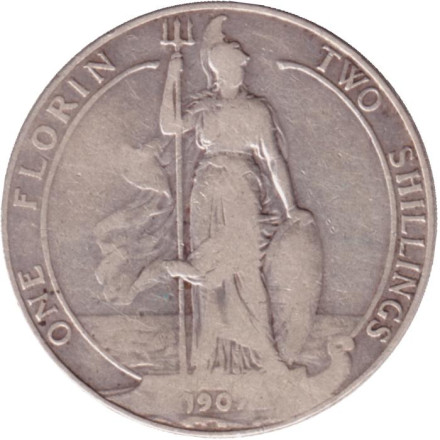 Монета 2 шиллинга (флорин). 1907 год, Великобритания.