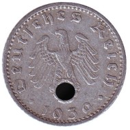 Монета 50 рейхспфеннигов. 1939 год, Германия (Третий Рейх). (F). Монета 50 рейхспфеннигов. 1939 год, Германия (Третий Рейх). (F).