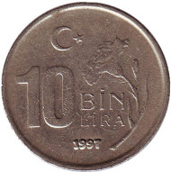 Монета 10000 лир. 1997 год, Турция. (Гурт: "T.C.") Монета 10000 лир. 1997 год, Турция. (Гурт: "T.C.")