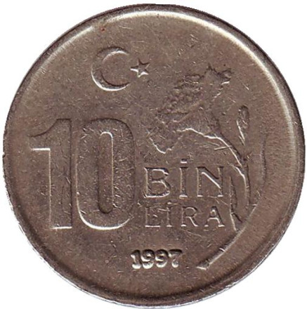 Монета 10000 лир. 1997 год, Турция. (Гурт: "T.C. T.C. T.C. T.C. T.C. T.C.")
