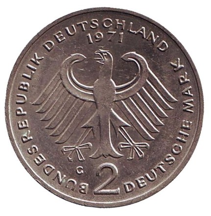 Монета 2 марки. 1971 год (G), ФРГ. Конрад Аденауэр. Монета 2 марки. 1971 год (G), ФРГ. Конрад Аденауэр.