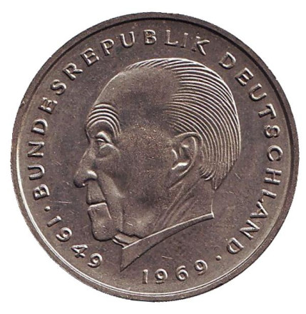 Монета 2 марки. 1971 год (G), ФРГ. Конрад Аденауэр.