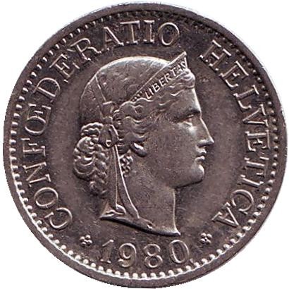 Монета 10 раппенов. 1980 год, Швейцария. Монета 10 раппенов. 1980 год, Швейцария.