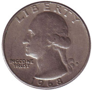 Монета 25 центов. 1968 (D) год, США. Вашингтон. Монета 25 центов. 1968 (D) год, США. Вашингтон.