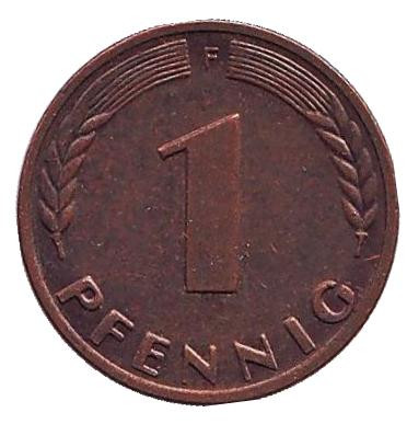 Монета 1 пфенниг. 1967 год (F), ФРГ. Дубовые листья.