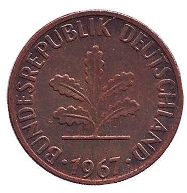 Монета 1 пфенниг. 1967 год (F), ФРГ. Дубовые листья. Монета 1 пфенниг. 1967 год (F), ФРГ. Дубовые листья.