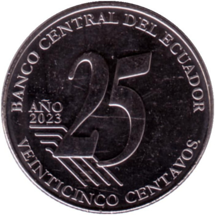 Монета 25 сентаво. 2023 год, Эквадор. Хорхе Икаса. Монета 25 сентаво. 2023 год, Эквадор. Хорхе Икаса.