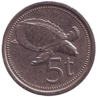Свиноносая черепаха. Монета 5 тойа, 1995 год, Папуа-Новая Гвинея.