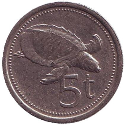 Монета 5 тойа, 1995 год, Папуа-Новая Гвинея. Свиноносая черепаха.