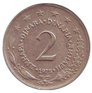 Монета 2 динара. 1975 год, Югославия. Редкая. Монета 2 динара. 1975 год, Югославия. Редкая.