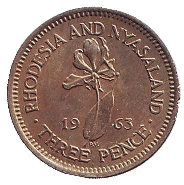 Монета 3 пенса. 1963 год, Родезия и Ньясаленд. Глориоза (Пламенная лилия).