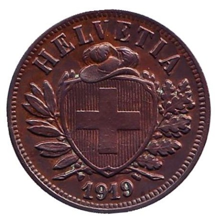 Монета 2 раппена. 1919 год, Швейцария. XF. Монета 2 раппена. 1919 год, Швейцария. XF.