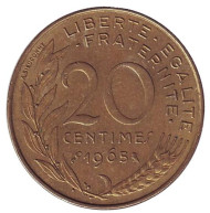Монета 20 сантимов. 1965 год, Франция.
