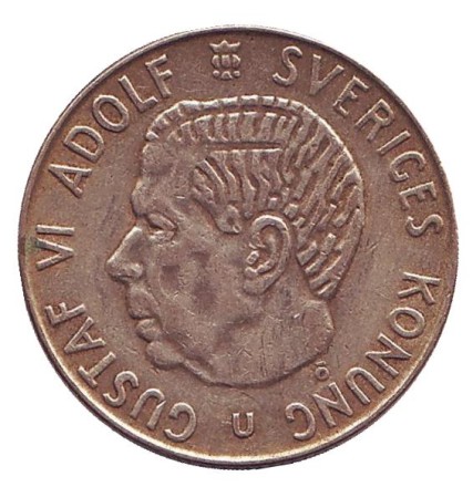 Монета 1 крона. 1967 год, Швеция. Густав VI.