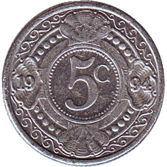 Монета 5 центов, 1994 год, Нидерландские Антильские острова. Цветок апельсинового дерева.