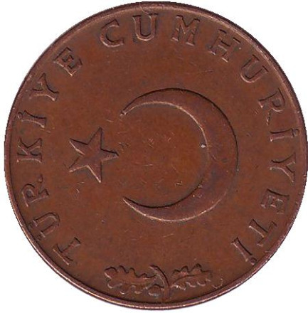 Монета 10 курушей. 1969 год, Турция. Стебли овса.