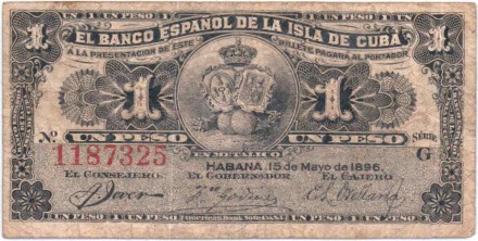 Банкнота 1 песо. 1896 год, Куба. P-47а.