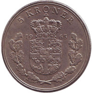 Монета 5 крон. 1963 год, Дания.