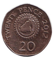 Монета 20 пенсов. 2012 год, Гернси. Карта острова Гернси.