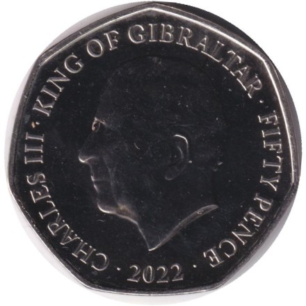 Монета 50 пенсов. 2022 год, Гибралтар. Вступление на престол Карла III. Монета 50 пенсов. 2022 год, Гибралтар. Вступление на престол Карла III.