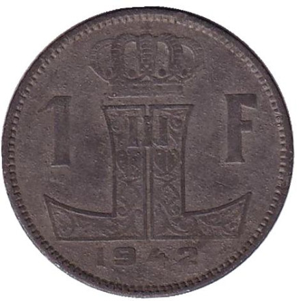 Монета 1 франк. 1942 год, Бельгия. (Belgique-Belgie)