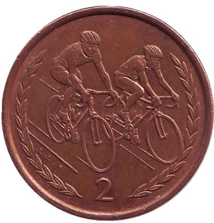 Монета 2 пенса. 1996 год, Остров Мэн. Велоспорт.