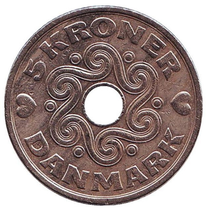 Монета 5 крон. 1993 год, Дания.