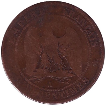 Монета 10 сантимов. 1862 год (A), Франция. Наполеон III.